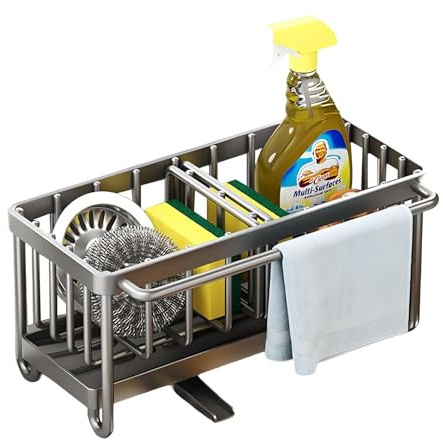 PengGengA Spülbecken Organizer Küchenspüle Spülbecken Caddy Organizer Edelstahl Schwammhalter mit Abnehmbarer Abflusspfanne, Abnehmbare Trennwände