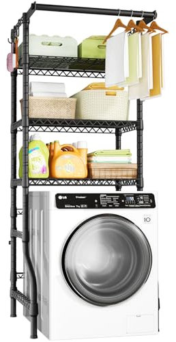 Ulif U11 Mini Over Washer and Dryer Shelves, 3 Tiers Laundry Room Storage and Organizer Standing Shelf, Metal Freestanding Clothes Drying Rack, 28.3”W x 19.7”D x 77.6”H, Black