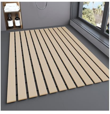 Halkfri matta för duschkabin, extra långa badmattor halkfria antimögel, ankbrädans duschmatta för badrum och badkar, snabb dränering, lätt att klippa (beige, 61 x 90 cm)