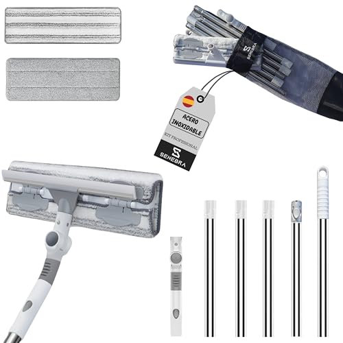 Senebra Kit Limpia Cristales Profesional con Palo Largo Extensible 2 en 1 (208 cm) | Rasqueta Limpiacristales Articulada para Ventanas | Cabezal Desmontable para Limpiar Ducha