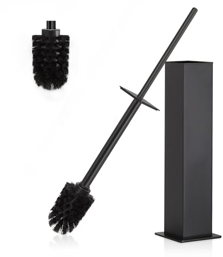 DAZI escobillas de baño de pie metallico, escobilla y Soporte de Lavabo Negro Mate con 2 Cabezales de escobillas WC Mango Largo, escobillero baño Anti-Goteo y Anti-obstrucción. (Negro Mate)