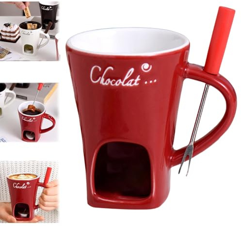 Schokofondue Tasse,Becher zum Schmelzen von Schokolade,Keramik Schokoladenfondue Tasse,Mehrzweck Chocolate Fondue Set mit Gabel und Teelicht,geeignet für Käse,Schokolade,Butter und Karamell (Rot)