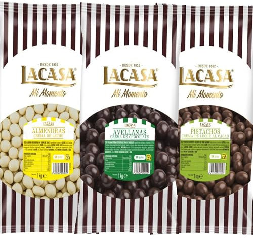 Lacasa Pack 3kg de bolas: Almendra con chocolate Blanco,Avellana con chocolate Negro,Pistachos con chocolate Leche