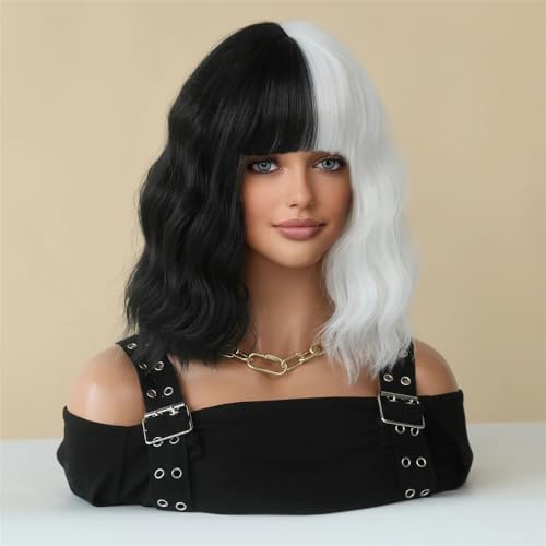 Deep Wave Lace Front Peruker Människohår, Svarta och vita våglockar for damer (med lugg) Devil peruk for kvinnor
