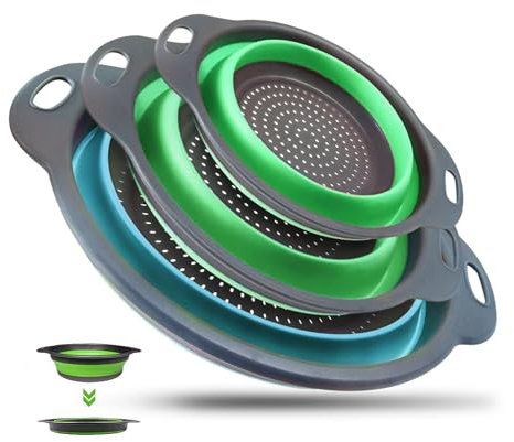 3 Pcs Collapsible Kitchen Colanders - Expandable Strainers & Sieves for Sink, Pasta, Rice Washing, Vegetables (2 Green + 1 Blue), Space-Saving Design, Durable Polypropylene