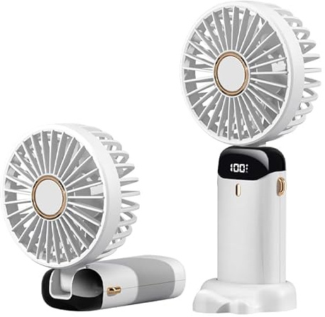 Rainberg Rechargeable Hand held Fan with LED Display, 5-Speed Settings, 5000mAh Battery, 90-Degree Adjustable, Desk Fan, Hand Fan, Portable fan, Quiet Cooling, Compact Design, USB Charging (White)
