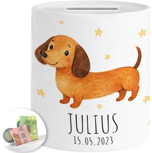 Tassenliebling® Spardose Dackel personalisiert Name, Datum - Spardose Kinder mit Tiermotiv - Kinderspardose Mädchen Jungen - Sparschwein, Sparbüchse Geburtstag, Weihnachten, Geburt