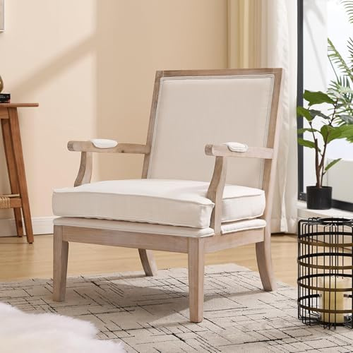 DM Furniture Modern Farmhouse Accent Chair, Wide Upholstered Living Room Chair with Armrest Pads, Coastal French Country Wooden Armchair for Bedroom Guest Room, Beige Linen Fabric