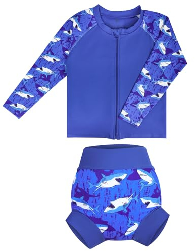 FLYISH DIRECT Traje de baño Infantil bebé niño de 2 Piezas Anti-UV, UPF 50+ Niño Camiseta Natación Manga Larga con Cremallera + Pañal Natación Reutilizable, Rashguard Niño Tiburón Secado Rápido, L