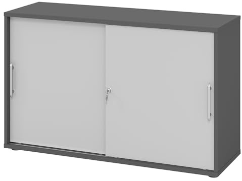 bümö Schiebetürenschrank 2OH - Aktenschrank abschließbar, Sideboard Schrank mit Schiebetüren in Graphit/Grau, Relinggriff - Büroschrank aus Holz mit Schiebetür, Büro Kommode für Ordner & Co.