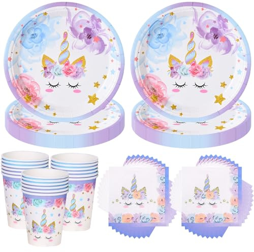 Juego de vajilla de fiesta de unicornio LOEPENLE, 60 piezas, incluye platos, vasos y servilletas para 20 invitados, patrón de unicornio, colores rosa, morado y azul, adecuado para cumpleaños