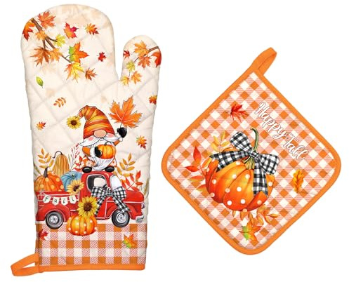 Arquiel Pumpkin Gnome Oven Gloves Cotton Oven Mitts for Kitchen, Set of 2 | 100% Cotton, Extra Long Heat Resistant Design, Fit Cooking BBQ Grilling Baking, Perfect Kitchen Gift