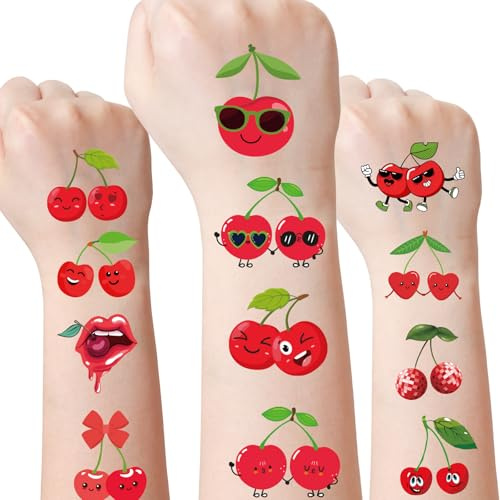 JoyAura Funny Cherry Temporary Tattoos - 6 Sheets 96 Pcs Cherry Birthday Decorations Fake Tattoo Stickers for Boys Girls Dancing Fruit Party Favours Kids Prizes Rewards