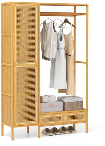 COSTWAY Bamboo Clothes Rail, Freestanding Garment Clothes Rack Stand with Rattan Cabinet, Hanging Rod, Storage Shelf and 2 Drawers, Open Wardrobe Clothing Organiser for Bedroom Closet Hallway, Natural