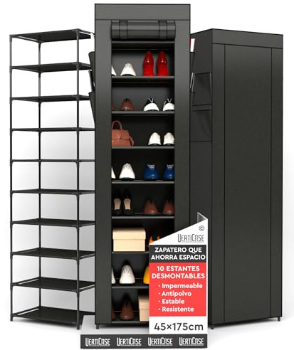 VertiCase Schuhregal mit 10 Ebenen Schuhschrank Hoch Platzsparend Schwarz 45x175x28cm - Schuhschrank Stoffschrank mit Staubschutzhülle - für Sportschuhe und Hohe Absätze im Innen- und Außenbereich