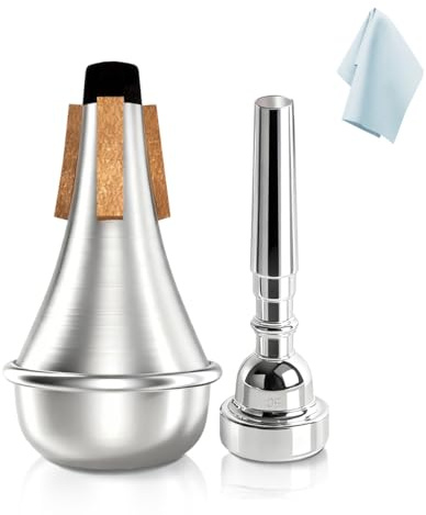 Kuylive 5C Trumpet Mouthpiece with Lightweight Aluminum Practice Trumpet Mute Silencer Fit for Yamaha Bach Conn King Replacement Musical Instruments Accessories, Silver