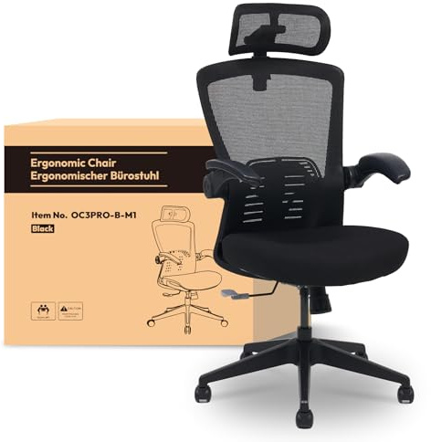 FLEXISPOT Ergonomischer Bürostuhl mit 3D-Kopfstütze und höhenverstellbarer Rückenlehne, hochklappbaren PU-Armlehnen, W-förmigem Foam Sitz, 135° Rückenverstellung, bis 150 kg belastbar (Schwarz)
