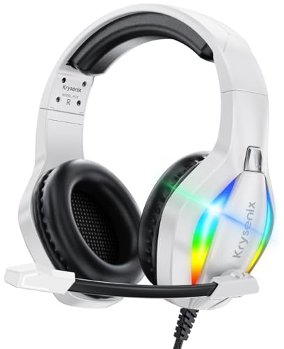 Krysenix PG1 RGB Gaming Headset for PS4, PS5, PC, Switch, Xbox, Headset with LED and Gaming Headphones with Microphone, Noise Cancelling Headphones with 3.5mm Jack,Cool white