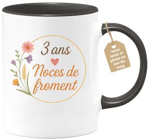 quotedazur Café-Croissant - Mug Personnalisé 3 Ans Noces De Froment Anniversaire Mariage En Cadeau Tasse Pour Noël L'Anniversaire - Noir/Céramique