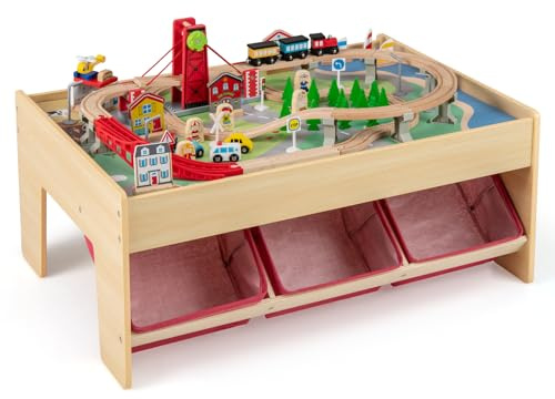 LIFEZEAL Ensemble de chemin de fer en bois, table de jeu pour enfants avec boîte de rangement, table d'activité multifonctionnelle avec véhicules, pistes et accessoires, table de blocs de construction