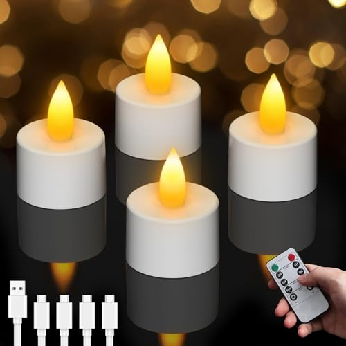 Lepwings 4 Stück LED Teelichter Wiederaufladbar mit Timer & Fernbedienung, Flackernde Elektrische Teelichter mit Ladestation, 18–95 Std Leuchtdauer, LED Kerzen für Weihnachten, Tischdeko & Party