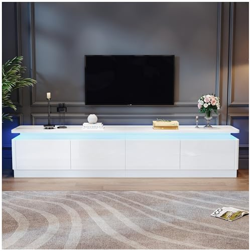 Wyibwy Mueble de TV moderno blanco de 180 x 34 x 40 cm, con cuatro cajones e iluminación LED, base brillante, mueble de TV con cajones, apto para televisores de hasta 80 pulgadas aprox