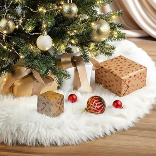 YZMML White Faux Fur Christmas Tree Skirt, 36 Inch Double Layer Fluffy Xmas Tree Mat for Christmas New Year Decor