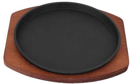 Alipis Assiette à Steak Fonte Ronde avec Base Bois Poêle Grillade Antiadhésive pour Fajita Cuisson et Nettoyage Facile pour Barbecue Maison et Restaurant