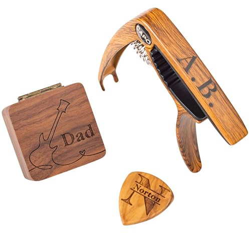 Gitarren-Kapodaster aus Metall, mit Gravur, Walnussholz, personalisiertes Geschenk für Vater, Sohn, Ihn, Weihnachten, Geburtstag, Jahrestag (1 Box + 1 Kapodaster + 1 Plektrum)