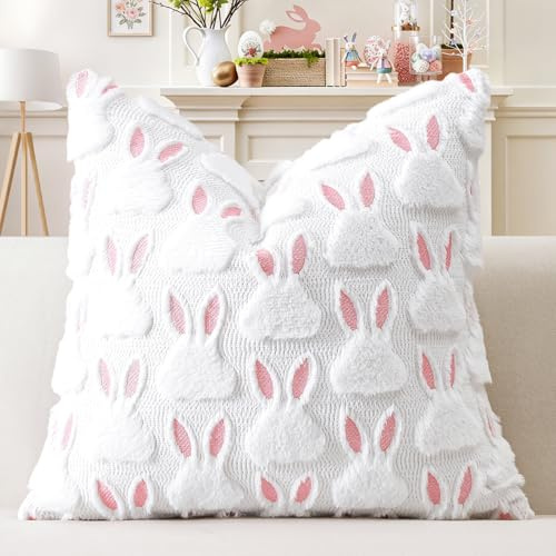 Artscope 1er Set Wolle Kissenbezug Weicher Plüsch Kurzer Wollsamt Dekokissenbezuge Sofakissen Ostern Kissenhülle für Sofa Schlafzimmer Rosa Ohren Kaninchen Weiß, 40x40cm