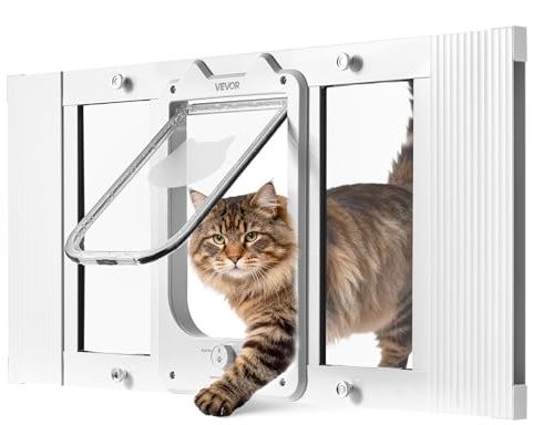 VEVOR Katzenklappe Katzentür Anpassbar an Fensterbreiten (686-813 mm), Wetterfeste Haustiertür mit 4 sicheren Verriegelungsmodi & Aluminiumrahmen & Hochtransparentem Glas & Magnetverschluss, Weiß
