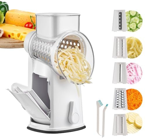 Râpe à fromage rotative à manivelle 10 en 1 – 10 ensembles de lames, base d'aspiration puissante et facile à nettoyer – Râpe à fromage de cuisine avec poignée pour fruits, légumes, noix
