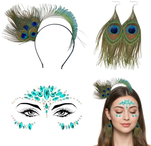 DvBCNMe 3 Stück Pfau Kostüm Damen, Pfau Kopfschmuck mit pfau ohrringe und Glitzersteine Gesicht, Pfauenfedern Outfit Accessoires für Karneval Cosplay Mottoparty