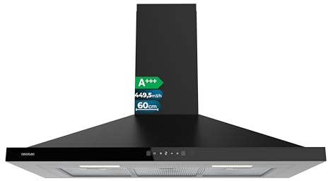Cecotec Campana Extractora Piramidal 90 cm Bolero Flux PT 904400 Black A+++. Cristal Frontal en Negro, Succión 449,5 m³/h, Control Táctil Invisible, Función Booster, Filtros Lavables, Clase A+++