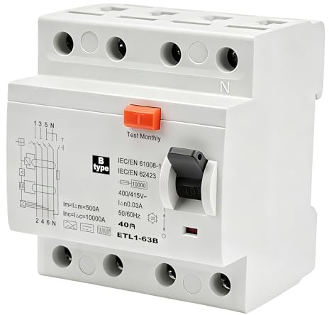 Jadeshay Interruttore Differenziale Tipo B 3P+N 40A 30mA 415V RCCB Salvavita Magnetotermico Differenziale Interruttore di Corrente Residua per Fotovoltaico Industria e Stazioni di Ricarica ETL1-63B