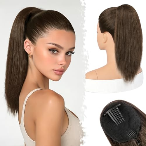 BARSDAR Coda Capelli Extension con Coulisse, 40cm Corto Lisci Marrone Coda di Cavallo Extension Naturale Sintetici Cheer Posh Ponytail Capelli Extensions Posticci Partito Quotidiano Cheer Competition