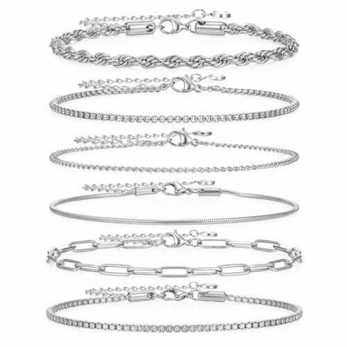 Molain 6Pcs Stainless Steel Chain Bracelets for Men Women, Cuban Rope Box Paperclip Wheat Link Chain Bracelet Set 7 Inch Adjustable Jewelry Gift | Cuban Rope Box Paperclip Wheat Link Chain, Bracelet Set 7 Inch Adjustable Jewelry Gift