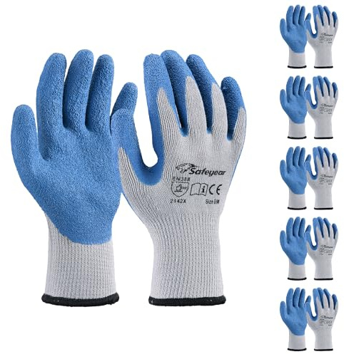 SAFEYEAR LY3013 Guanti da lavoro in lattice 5 paia – Blu/Grigio antiscivolo, resistenti all’abrasione (EN388) per cantiere, giardino e uso quotidiano