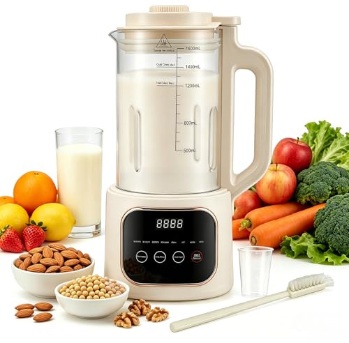 Máquina automática de leche de nueces, 1600 ml, máquina automática de leche de almendras con 20 cuchillas, función de mantenimiento del calor y autolimpieza, para leche vegetal casera, avena, soja