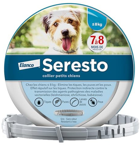 Seresto Collare antiparassitario, Elimina pulci, zecche, pidocchi e protegge dal rischio di trasmissione della leishmaniosi, Per cani fino a 8 kg e fino a 8 mesi