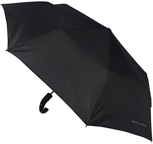Pierre Cardin Schwarzer Herren Designer Regenschirm Gebogener Griff Faltbarer Regenschirm mit Automatiköffnung
