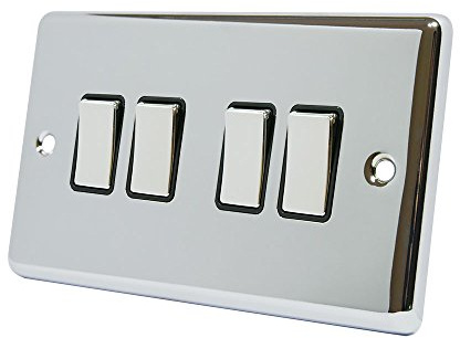 AET CPC4GSWIBC 4 Gang 2 Way 10 A Classical Chrome Polished Black Insert Metal Rocker Light Switch