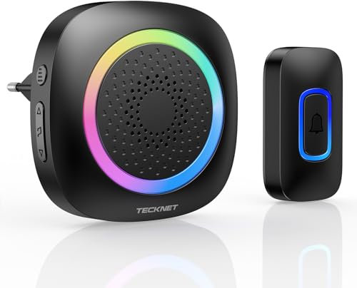 TECKNET Campanello Senza Fili da Esterno Impermeabile IP66, Portata 400M, 60 Melodie con 5 Livelli Volume, Campanello Wireless con Indicatori RGB per Casa, Hotel, Ufficio, Emergenza