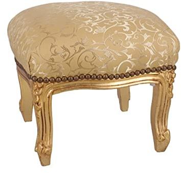 WAY HOME STORE - Schöner Barockstil Hocker aus Holz in der Farbe Blattgold und Goldfarbener Damaststoff mit Blättern - Abmessungen: 39 x 39 x 39 cm