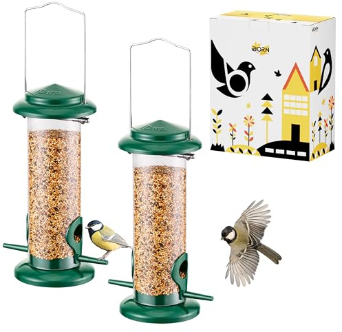 iBorn Metal Bird Feeder Hanging Wild Bird Seed Feeder for Mix Seed Blends,Niger Seed Feeder,Sunflower Heart,Birdbath,Heavy Duty All Metal Green Finishing,8 Inch(20.3 CM),Green,2 Pack