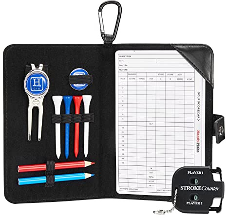 Handy Picks Golf Scorecard Holder n Yardage Book Cover - Divot Repair Tool, Ball Marker, Golf Tees, Scorer, Pencil n Scorecards Included - Gift for Golfers