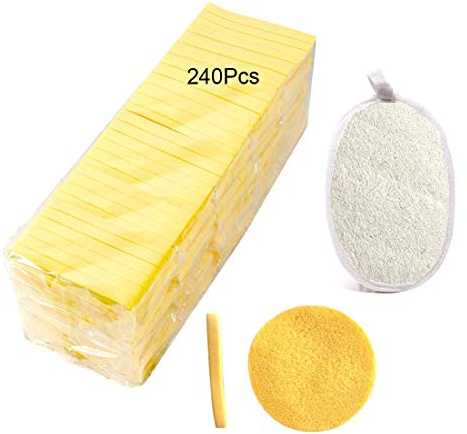 Facial Sponge Compressed,240 Count PVA Professional Makeup Removal Wash Round Face Sponge Pads Exfoliating Cleansing for Women with a Natural Loofah Sponge for Body Washing,Yellow