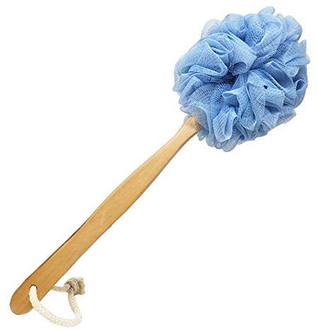 Pineker Long Handle Wooden Bath Brush,Shower Body Brush with Loofah Mesh for Skin Exfoliating, Back Sponge Scrubber for Men and Women