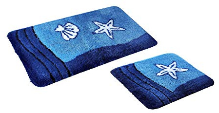 GOODWAY 2 Teiliges Badematten Set, Badteppich, Badvorleger Sealife, blau │Mikrofaser super weich, rutschhemmend, waschmaschinenfest