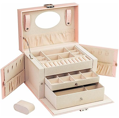 ADEL DREAM Caja de joyería con 2 cajones, organizador de joyería, almacenamiento de joyería de cuero de PU, forro de terciopelo Rosa-06-3